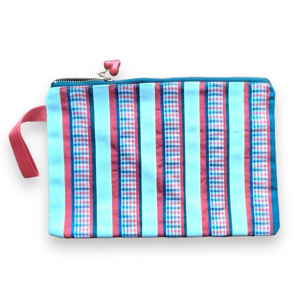 Checkered Ribbon Zippered Tote Makeup Bag Toiletries Kit NEW